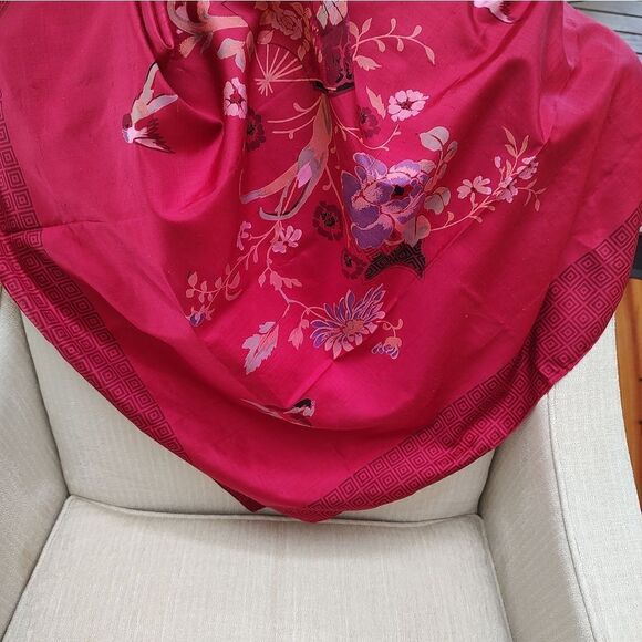 Red Floral and Bird Print Square Scarf - Picture 11 of 14